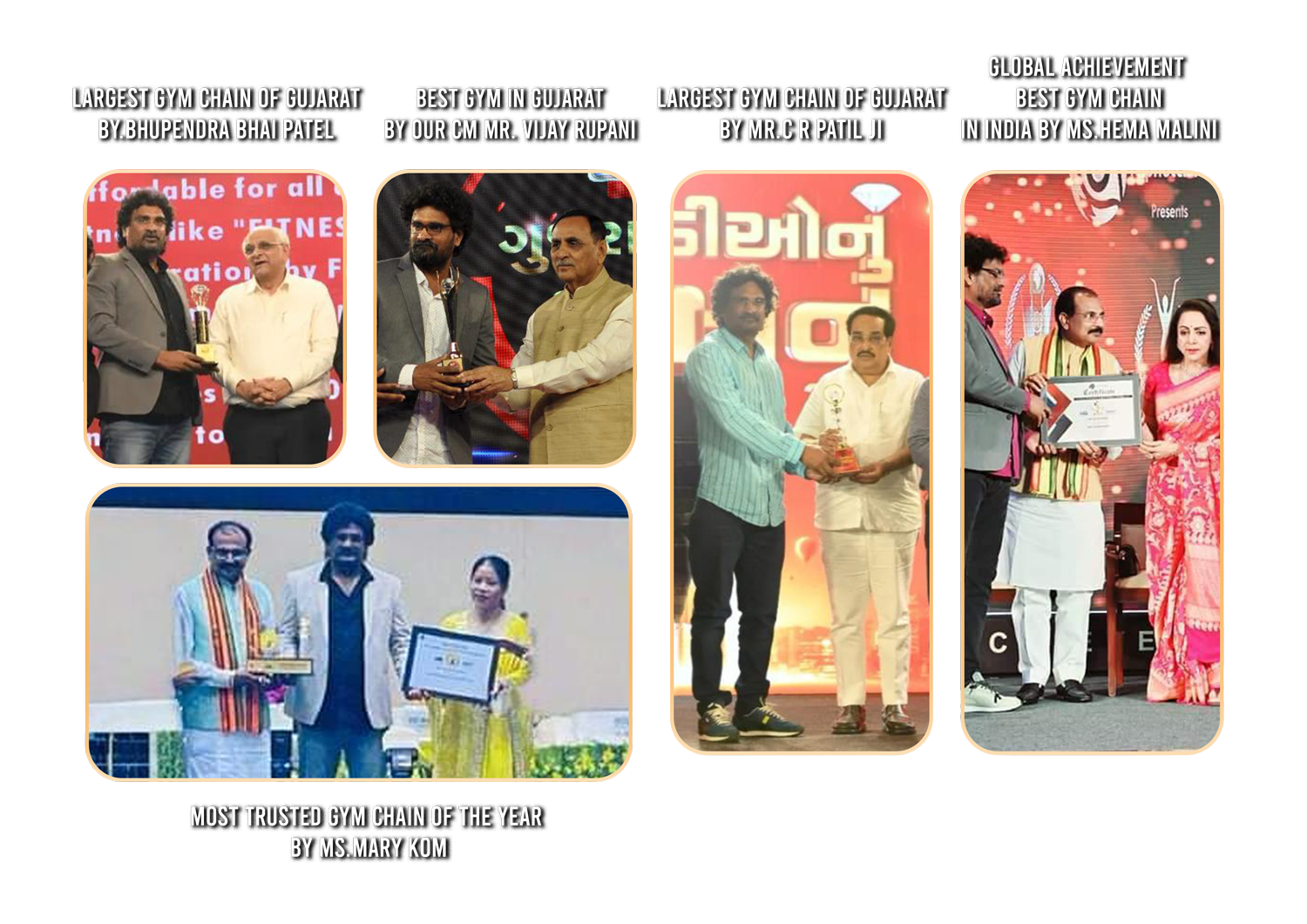 Five SFW The GYM awards: Largest Gym Chain of Gujarat by CM Bhupendra Patel, Best Gym in Gujarat by CM Vijay Rupani, Largest Gym Chain of Gujarat by C R Patil, Global Achievement Best Gym Chain in India by Hema Malini, and Most Trusted Gym Chain of the Year by Mary Kom